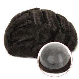 Topunique 0.08mm Thin Skin Mens Toupee Human Hair, V-Looped Hairline 8x10 Inch PU Base 110% Medium Density Remy Human Hair System for Men #2 Dark Brown