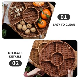 Ciieeo Rattan Divided Serving Tray, 5 Compartments Veggie Platter Appetizer Serving Tray Wicker Divided Serving Plate Divided Serving Dish for Fruit Bread Nuts Candy