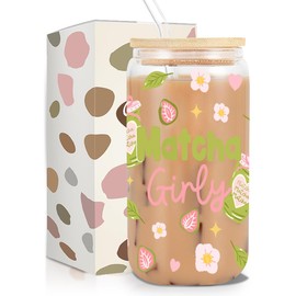 kdxpbpz Cute Matcha Girly Glass Cup, Matcha Lovers Gift, Kawaii Glass Tumbler, 16 oz Cafe Aesthetic Iced Coffee Cup with Lid Straw