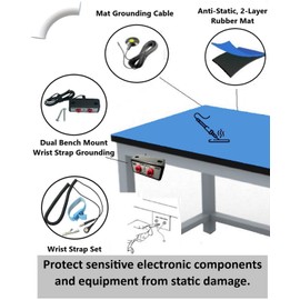 Groundhug by Scientific Americas - Rubber ESD Soldering Mat with Wrist Strap, Grounding Cord & Dual Bench Grounding - Two Layer Rubber, Heat Resistant, Anti Static Mat - 36" x 60" (3' x 5'), Blue