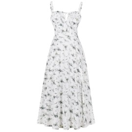 ABEHIK Corset Sundress for Women 2024 Floral Bustier Flowy Slit Midi Dress Spaghetti Strap Backless Casual A Line Summer Wedding Guest Cocktail Homecoming Party Dresses White Green M