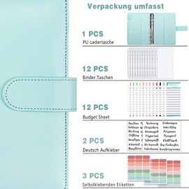 A6 Binder Budget Planner German: Money Organiser Budget Planner with 12 Binder Pockets, 12 Budget Sheets German, Label Stickers Savings Book for Travel, Diary and Gift