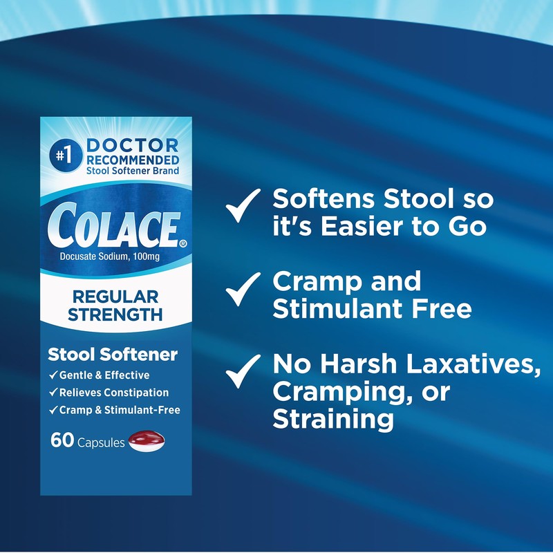 Colace Stool Softener 100 mg, 60 Capsules, Constipation Relief, Docusate