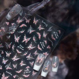 Butterfly Nail Stickers 3D Self Adhesive Nail Decals Flower Nail Art Stickers Pink Holographic Laser Hollow with Rhinestone Design Butterfly Nails Sticker for Nails Art Women Decor Manicure Supplies