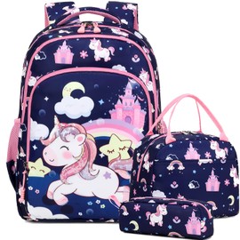 Dafelile Sequin Unicorn Backpack for Girls,3PCS Girls Unicorn Backpack Prechool Elementary Kindergarten School Bookbag with Lunch Box(Navy pink)