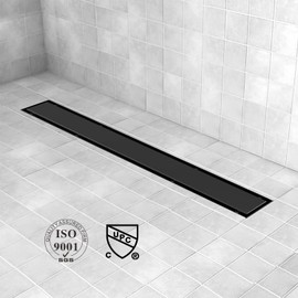 Elefloom Linear Shower Drain, 36 inch Black Drain with Tile Insert 2-in-1 Panel, Brushed 304 Stainless Steel Shower Floor Drain, Linear Drain with Hair Strainer and Adjustable Feet