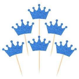 Decoraciones para cupcakes de corona, 48 unidades, con purpurina, color azul, para baby shower, fiesta de cumpleaños, suministros de decoración