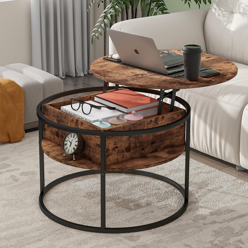 HOJINLINERO Round Lift Top Coffee Table,Coffee Tables Living Room,Black Coffee