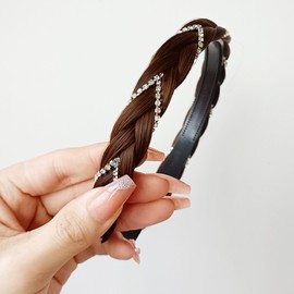 Headband 3 Strands Synthetic Hair Plaited Headband Braided Headband With Teeth Hair Band Hoop With Rhinestone Crystal Stretch Braid Headband Hairpiece Headdress for Women (Brown, Width 0.8 Inch)
