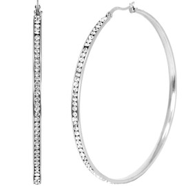 Women’s Fashion Stainless Steel Hoop Earring Clear and Multi Color Rhinestones Silver and Gold 20/30/40/50/60/70mm (Silver,70mm-Clear)