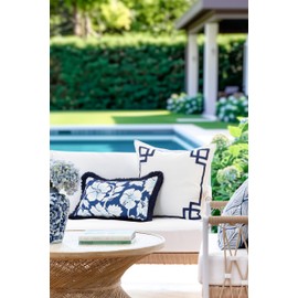 Hofdeco Premium Coastal Patio Indoor Outdoor Lumbar Pillow Cover Only, 12"x20" Water Repellent for Backyard, Couch, Navy Baby Blue Print Tropical Hisbucs Flowers