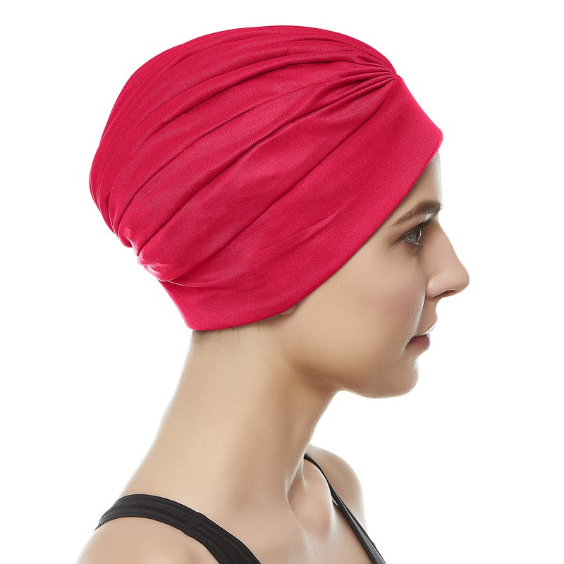 Beemo Women’s Swim Bathing Cap Turban Polyester Latex Lined-2pk WH/RE