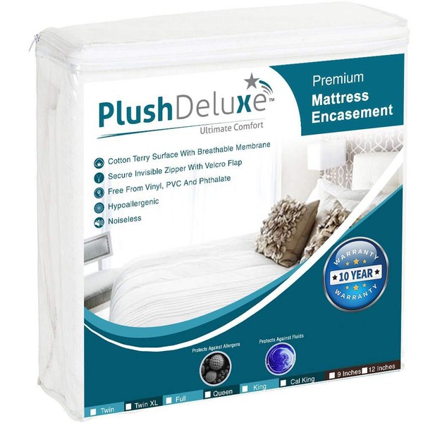 PlushDeluxe Premium 100% Waterproof Mattress Encasement Breathable Soft Cotton Terry Surface Fits 9-12 inches (Queen-9)
