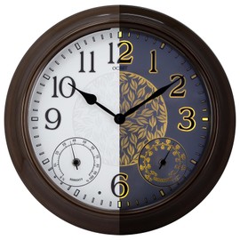 OCEST 15 Inch Illuminated Indoor Outdoor Clocks Waterproof with Smart Sensor, Metal Large Wall Clock with Thermometer & Hygrometer for Garden Patio Pool Garage