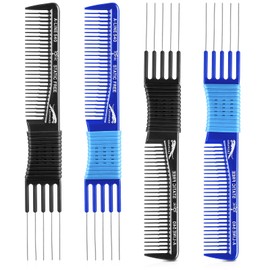 4 Pieces Carbon Lift Teasing Combs with Metal Prong Lift Teasing Comb and Hair Pick Salon Teasing Lifting Fluffing Comb with 5 Stainless Steel Pins for Women Hair (Black and Blue, Minimalist Style)