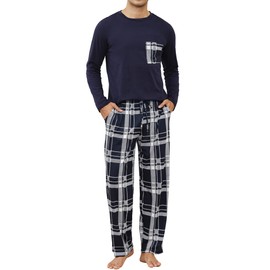 TeJoyce Mens Pyjamas Set Cotton Long Sleeve and Checked Pants 2 Piece PJ Set Soft Comfy Loungewear Men's Nightwear Set with Pockets Navy Blue