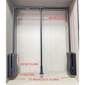 Wardrobe lift clothes rack,Pull Down Closet Rod for Hanging Clothes, Retractable Wardrobe Hanger for Cabinet, Aluminium alloy Tubing with Plastic Housing (BLACK, SMALL:51-66CM/20-26IN)