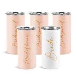 Ugiftcorner Bridesmaid Proposal Gifts Set of 5 Bride Bridesmaid Cups Bachelorette Wedding Party Favors Gifts Stainless Steel Skinny Tumbler with Lid and Straw 15 oz