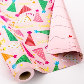 Yarcony Reversible Birthday Wrapping Paper Roll, Pink Gift Wrapping Paper, Metallic Foil Pink Girl Party Hat, Bow Gift Wrap Present Paper for 1st birthday, Baby Shower, Kid Party(17 Inch X 33 Feet)