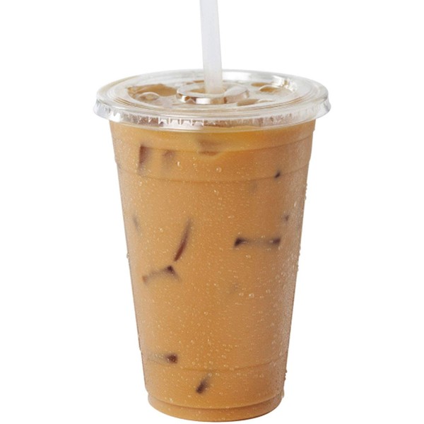 [100 Pack] 20 oz BPA Free Clear Plastic Cups With Flat Slotted Lids for Iced Cold Drinks Coffee Tea Smoothie Bubble Boba, Disposable, Large Size
