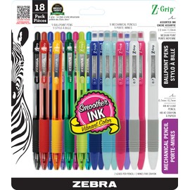 Zebra Pen Zebra Pen Z-Grip Retractable Ballpoint Pen, Medium Point, Assorted Ink, Plus Z-Grip Mechanical Pencil, Medium Point, HB #2, Graphite, 18-Pack. (23618)