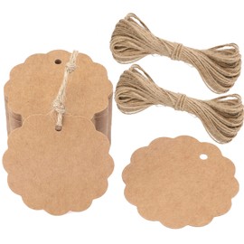 Kraft Paper Pack of 100 Gift Tag Tags 6 cm x 6 cm with Jute String 30 Metres, brown