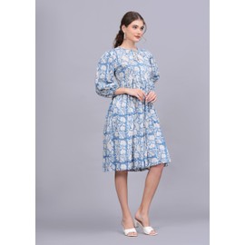 Cotton Handmade Bird Block Print Dress | Indian Maxi Dress | Beach Wear Party Dress with Pockets | Summer Wrap Dress White