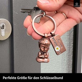 LANOLU Buddha Keyring, Funny Gift for Yoga Fans with Engraving Namaste Madafaka, Lucky Charm Key Ring Men, Pendant for More Serenity with Real 3D Buddha Figure, Vintage copper