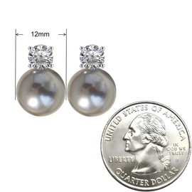 WARIDAR 12mm Tahitian Platinum Grey Faux Pearl Stud Earrings with 6mm Cubic Zirconia Inlay, Hypoallergenic Lightweight Earrings for Women