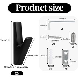 DAIRYCOF Coat Hooks, Black Clothes Hooks for Acoustic Panels, Zinc Alloy Coat Hooks, Wall Hooks, Coat Hooks for Bathrooms, Kitchens (6 Pieces, Black Zinc Alloy)