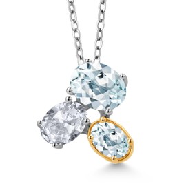 Gem Stone King 925 Silver and 10K Yellow Gold Sky Blue Aquamarine and White Topaz Pendant Necklace For Women (2.70 Cttw, Oval 8X6MM, 7X5MM and 6X4MM, Gemstone March Birthstone, with 18 Inch Chain)