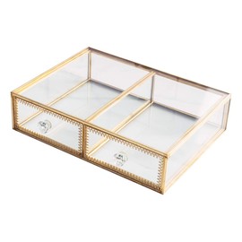 Antique Beauty Display Clear Glass 2 Drawers Palette Organizer, Cosmetic Storage, Makeup Container 2 Cube Jewelry Case Holder/Beauty Dresser Vanity Cabinet Decorative Keepsake Box