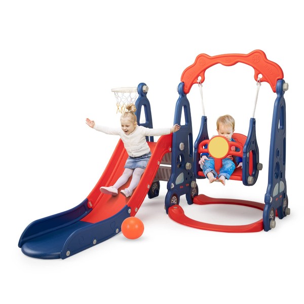 4 in 1 Slide Climber Swing Set, Freestanding Toddler Slide Climber Playset with Basketball Hoop, Toddler Playground Indoor Outdoor, Easy Setup(Navy+Red)¡­