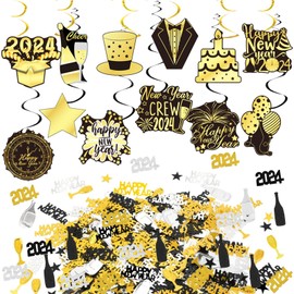 New Year's Eve Decoration Set, 12 Pieces Ceiling Hangers, Spiral Garlands, Black & Gold Streamers, New Year's Eve Hanging Decoration, Swirl and Confetti, Happy New Year's Eve Party Decoration