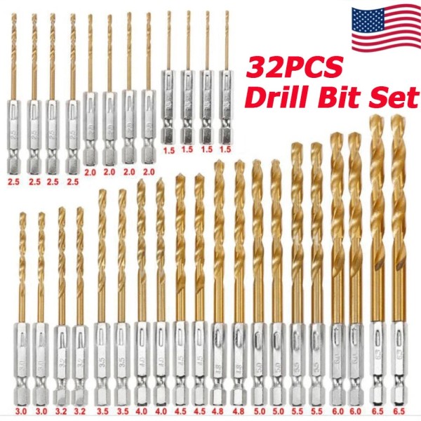 e-autotech 32pcs Hex Shank Titanium Coated HSS Steel DRILL BIT