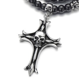 COOLSTEELANDBEYOND Gothic Style Mens Black Onyx Beads Necklace with Stainless Steel Cross Skulls