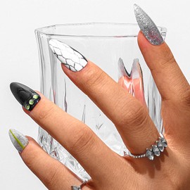 Sethexy Black Rhinestone Medium Almond Artificial Nail Sparkle Handmade False Nails Punk Natural Shiny Press on the Nail Durable Salon Quality for Women and Girls (2)