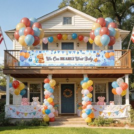 We Can Bearly Wait Baby Shower Decorations Set with 50 Balloons Large 10ft Fabric Banner Blue Brown Boho Teddy Bear Theme Party Supplies for Boy Gender Reveal Backdrop Yard Sign Photo Prop