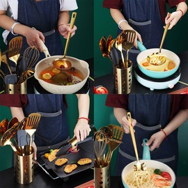 Berglander Gold Cooking Utensils Set, Stainless Steel 13 Pieces Kitchen Utensils Set with Titanium Gold Plating, Kitchen Tools Set with Utensil Holder, Dishwasher Safe, Easy to Clean