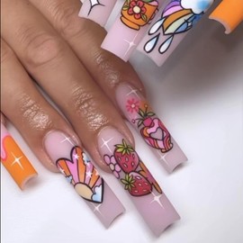 MERVF Long Square Press on Nails Orange French Tip Fake Nails Cute Squoval Glue on Nails Press ons with Fruit and Flower Print Design 24pcs Matte Artificial Acrylic Nails for Women