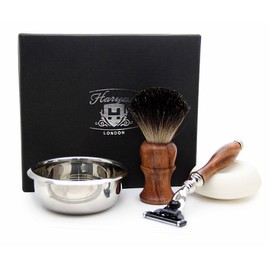 Haryali London Wooden Shaving Kit - 3 Edge Cartridge Safety Razor Black Badger Hair Brush Soap and Stainless Steel Bowl - Reusable & Sustainable Shaving Set for Men - Mens Gift Idea