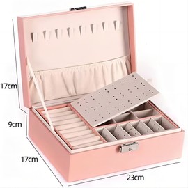 Jewelry Box Medium Double Layer Locking Wooden Leather Jewelry Box Stud Earrings Jewelry Box. Five Colors are Available, Pink, Dark Green, Gray, Black, White (pink)