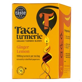 Taka Turmeric, 1 pack (15 Teabags) Organic Lemon and Ginger Tea Bags with Turmeric & Black Peppercorns, Turmeric Tea, Caffeine Free Fruit Tea, Detox Tea, No Added Flavourings, Recyclable Packaging