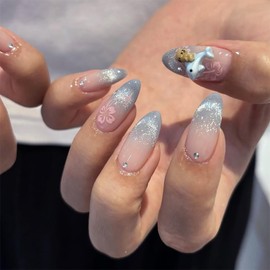 EYZOTSF Press on Nails Almond Medium Length Acrylic French Almond Shaped False Nails with Designs Artificial Medium Fake Nails with Charms Glue Stick ons Fingernails for Women Girls(JP3641)