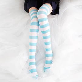 FASXIR - Calcetines largos hasta la rodilla, estilo japonés azul/rosa a rayas y hasta la rodilla, para mujeres y adolescentes, 1 par de rayas blancas azules, Large