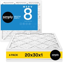 Simply 20x30x1 Air Filter, Merv 8, 6 Pack, For Home AC Furnace & HVAC (Actual Size: 19.94"x29.94"x0.75") DUST, Pet & Allergy Control,