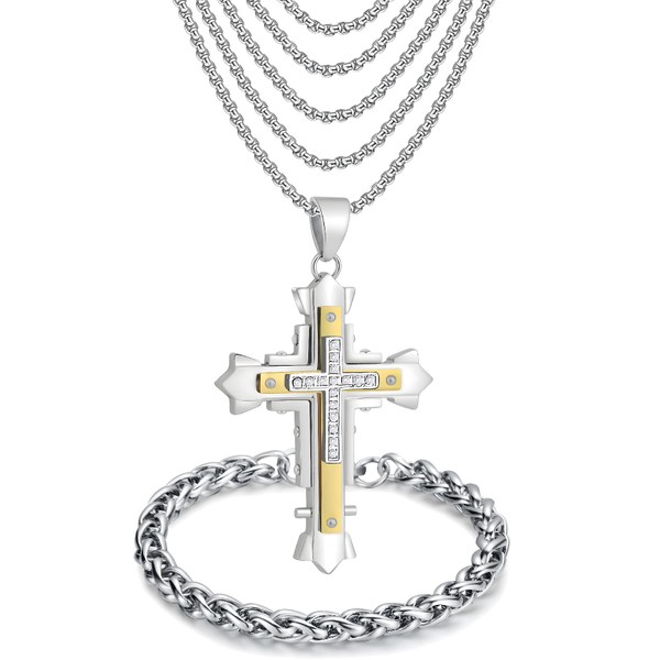 JUNOVUROS Large and Small Men's Cross Necklace Set with 5
