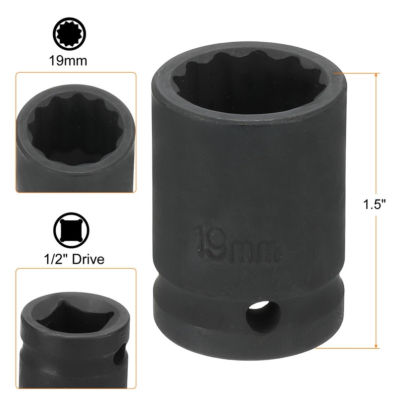 sourcing map 12-Point Impact Socket 1/2 Inch Drive 19mm Metric