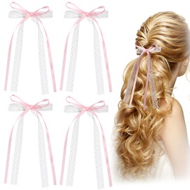 HINZIC 4pcs Lace Hair Bow Clips Pink White Coquette Bows Barrettes Cute Long Hair Ribbons Wedding Prom Birthday Christmas Decorative Accessories for Women Rapunzel