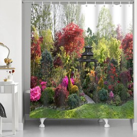 Abaysto Shower Curtain 3D Garden View Flowers Trees Outdoor Nature Scenery Waterproof Cloth Fabric Bathroom Decor Set with Hooks 72x72 Inch